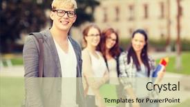  Presentation with classmates - Colorful presentation theme enhanced with summer holidays education campus backdrop and a soft green colored foreground