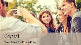  Presentation with digital electronics - Amazing presentation theme having summer holidays electronics and teenage concept - group of smiling teenagers taking photo with digital camera outside backdrop and a mint green colored foreground