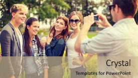  Presentation with digital electronics - PPT layouts with summer holidays electronics and teenage concept - group of smiling teenagers taking photo with digital camera outside background and a coral colored foreground