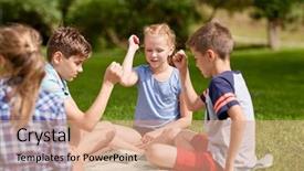  Presentation with entertainment - PPT layouts consisting of summer holidays entertainment childhood leisure and people concept - group of happy pre-teen kids playing rock-paper-scissors game in park background and a coral colored foreground