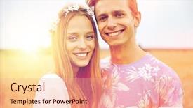  Presentation with love romance - Cool new slides with summer holidays love romance and people concept - happy smiling young hippie couple hugging outdoors backdrop and a coral colored foreground