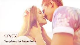  Presentation with love romance - Slide deck featuring summer holidays love romance and people concept - happy smiling young hippie couple kissing outdoors background and a lemonade colored foreground