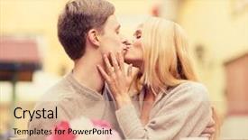  Presentation with travel cafe - Presentation design featuring summer holidays love travel tourism relationship and dating concept - romantic happy couple kissing in the cafe background and a coral colored foreground