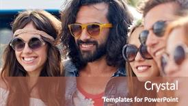  Presentation with travel friends - Slides having summer holidays road trip vacation travel and people concept - smiling young hippie friends over minivan car background and a red colored foreground