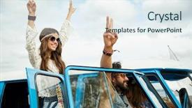  Presentation with travel friends - Slides consisting of summer holidays road trip vacation travel and people concept - smiling young hippie friends over minivan car showing peace hand sign background and a sky blue colored foreground