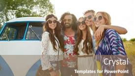  Presentation with travel friends - Beautiful presentation featuring summer holidays road trip vacation travel and people concept - smiling young hippie friends over minivan car backdrop and a coral colored foreground