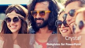  Presentation with travel friends - Audience pleasing theme consisting of summer holidays road trip vacation travel and people concept - smiling young hippie friends over minivan car backdrop and a coral colored foreground