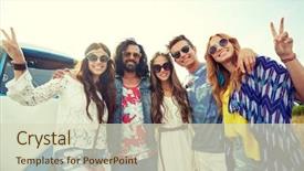  Presentation with travel friends - Slides enhanced with summer holidays road trip vacation travel and people concept - smiling young hippie friends over minivan car showing peace hand sign background and a soft green colored foreground