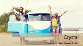  Presentation with travel friends - Beautiful presentation featuring summer holidays road trip vacation backdrop and a soft green colored foreground