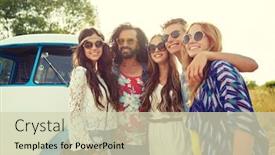  Presentation with travel friends - Slides enhanced with summer holidays road trip vacation travel and people concept - smiling young hippie friends over minivan car background and a soft green colored foreground