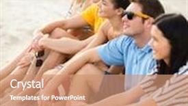  Presentation with beach ball - Amazing slide deck having summer holidays sport leisure and people concept - group of happy friends sitting on beach with ball backdrop and a coral colored foreground