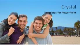  Presentation with travel friends - PPT layouts enhanced with summer holidays tourism and travel concept - group of happy friends or couples over venice beach background in california background and a light blue colored foreground