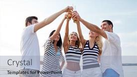  Presentation with cider - Colorful presentation design enhanced with summer holidays tourism drinks and people concept - group of smiling friends clinking bottles of beer or cider on beach backdrop and a light blue colored foreground