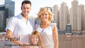  Presentation with family tourism - Presentation design featuring summer holidays tourism vacation travel and people concept - happy family over dubai city waterfront background background and a coral colored foreground