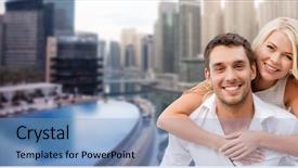  Presentation with dating - Cool new PPT theme with summer holidays tourism vacation travel and dating concept - happy couple having fun over dubai city waterfront background backdrop and a light blue colored foreground
