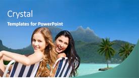  Presentation with island resort - Audience pleasing PPT theme consisting of summer holidays tourism vacation and travel concept - happy women sunbathing in chairs at touristic resort over exotic bora bora island beach background backdrop and a teal colored foreground