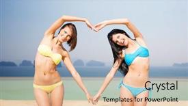  Presentation with women making - Slide deck with summer holidays travel people love and vacation concept - happy young women in bikinis making heart shape with hands over infinity edge pool background background and a lemonade colored foreground