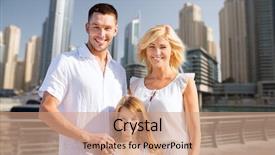  Presentation with family tourism - Audience pleasing theme consisting of summer holidays travel tourism vacation and people concept - happy family over dubai city street background backdrop and a coral colored foreground