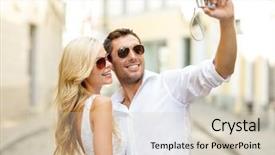  Presentation with dating - Slide deck having summer holidays travel vacation tourism and dating concept - travelling couple taking photo picture with camera background and a soft green colored foreground