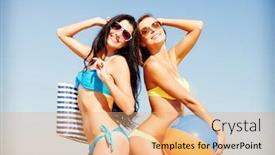  Presentation with beach ball - Beautiful presentation theme featuring summer holidays vacation and beach activities - girls with ball on the beach backdrop and a coral colored foreground