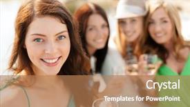  Presentation with summer celebration - Theme enhanced with summer holidays vacation and celebration concept - smiling girls with champagne glasses background and a coral colored foreground