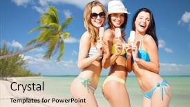  Presentation with tropical ice cream - Slide deck with summer holidays vacation food travel and people concept - group of smiling young women eating ice cream over exotic tropical beach with palm trees background background and a lemonade colored foreground