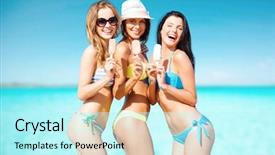  Presentation with food ice - Presentation theme consisting of summer holidays vacation food travel and people concept - group of smiling young women eating ice cream on beach over sea and blue sky background background and a arctic colored foreground
