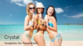  Presentation with tropical ice cream - Theme enhanced with summer holidays vacation food travel and people concept - group of smiling young women eating ice cream over exotic tropical beach background background and a lemonade colored foreground