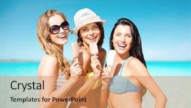  Presentation with food ice - Amazing slide set having summer holidays vacation food travel and people concept - group of smiling young women eating ice cream on beach over sea and blue sky background backdrop and a coral colored foreground