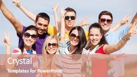  Presentation with happy holidays - Presentation design with group of friends having fun background and a coral colored foreground