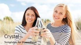  Presentation with alcoholic - Slides enhanced with summer holidays vacation happy people concept - smiling girlfriends with bottles of beer or non-alcoholic drinks on the beach background and a lemonade colored foreground