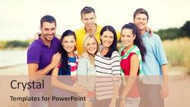  Presentation with happy holidays - Colorful presentation theme enhanced with summer holidays vacation happy people concept - group of friends having fun on the beach backdrop and a coral colored foreground