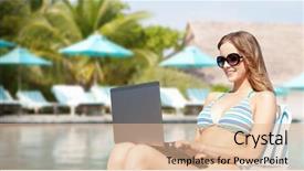  Presentation with summer trees - Theme enhanced with summer holidays vacation technology people and internet - happy young woman in shades with laptop computer over exotic beach with palm trees and pool background background and a lemonade colored foreground