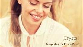  Presentation with cereal - Beautiful presentation theme featuring summer holidays vacation technology and people concept - smiling young woman in white dress with smartphone on cereal field backdrop and a cream colored foreground