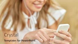  Presentation with cereal - Audience pleasing slide deck consisting of summer holidays vacation technology and people concept - close up of smiling young woman in white dress with smartphone and earphones listening to music on cereal field backdrop and a coral colored foreground