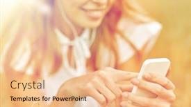  Presentation with cereal - Cool new PPT theme with summer holidays vacation technology and people concept - close up of smiling young woman in white dress with smartphone and earphones listening to music on cereal field backdrop and a lemonade colored foreground