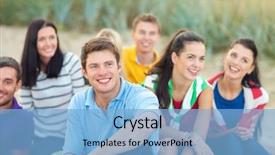  Presentation with travel friends - Colorful slide set enhanced with summer holidays vacation tourism travel and people concept - group of happy friends sitting on beach backdrop and a light blue colored foreground