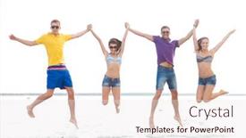  Presentation with travel and tourism - Amazing presentation having summer holidays vacation tourism travel and people concept - group of happy friends holding hands and jumping on beach backdrop and a sky blue colored foreground