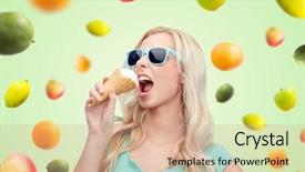  Presentation with junk food - Colorful PPT layouts enhanced with summer junk food and people concept - young woman or teenage girl in sunglasses eating ice cream over green natural background with fruits backdrop and a coral colored foreground