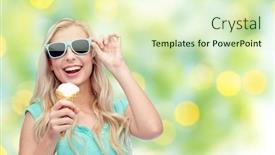  Presentation with food ice - Colorful slides enhanced with summer junk food and people concept - young woman or teenage girl in sunglasses eating ice cream over summer green lights background backdrop and a soft green colored foreground