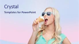  Presentation with food ice - Presentation theme having summer junk food and people concept - young woman or teenage girl in sunglasses eating ice cream over pink background background and a sky blue colored foreground