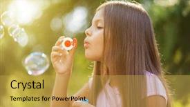  Presentation with soap - PPT layouts featuring summer kids play - female child blowing soap bubbles background and a yellow colored foreground