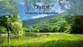  Presentation with river - Audience pleasing PPT theme consisting of landscape with river and blue backdrop and a light blue colored foreground