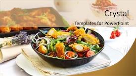  Presentation with yogurt - Slides enhanced with summer lunch - vegetable salad with chicken wings and yogurt dessert background and a coral colored foreground