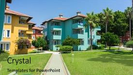  Presentation with hotel resort - Presentation design with summer luxury resort hotel buildings background and a yellow colored foreground