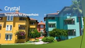  Presentation with hotel resort - Audience pleasing theme consisting of summer luxury resort hotel buildings backdrop and a teal colored foreground