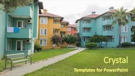  Presentation with luxury hotel - Presentation theme enhanced with summer luxury resort hotel buildings background and a tawny brown colored foreground