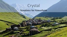  Presentation with towers - Slides featuring summer mountain landscape with a snowy peak and a green valley old village with stone houses and medieval towers ushguli community view of shkhara mount main caucasian ridge zemo svaneti georgia background and a light blue colored foreground