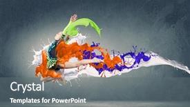  Presentation with high jump - PPT theme consisting of young family in red and blue suits of superheroes on their faces are masks and they are in raincoats they are posing in a bright room children and parents in suits of superheroes background and a mint green colored foreground