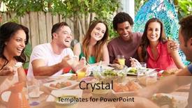  Presentation with summer party - Slides consisting of summer party people - group of friends enjoying meal background and a coral colored foreground
